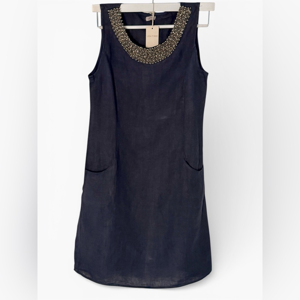 NWT! Lina Tomei Linen Italian Dress Beaded Scoop Neck Sleeveless Small